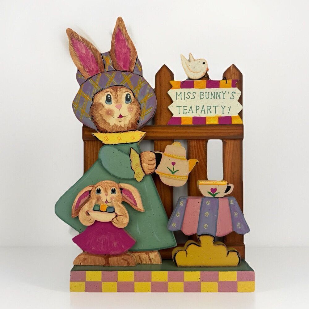 Vintage Easter Bunny Tea Party Wooden Standing Sign 3D Spring Decor